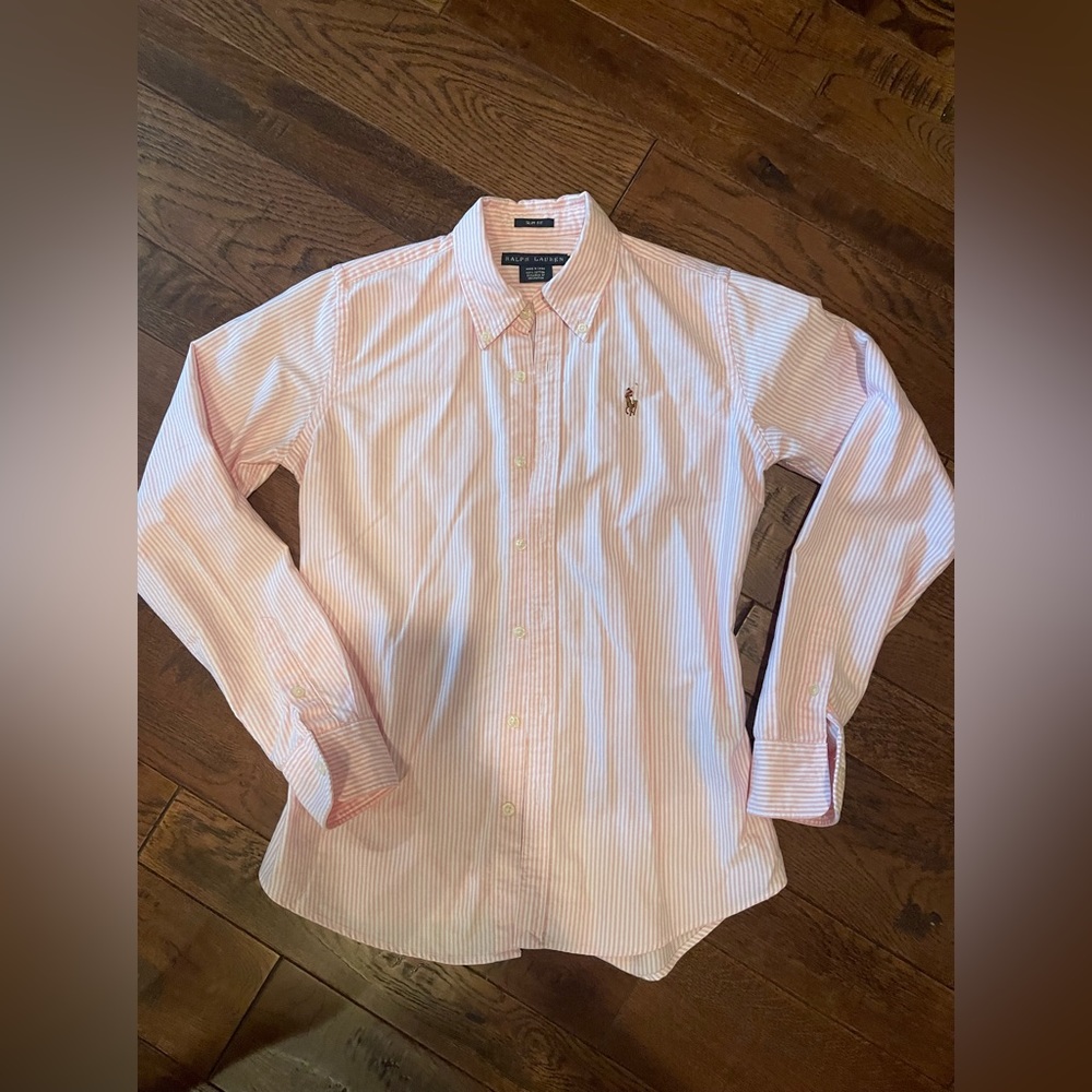 Ralph Lauren, pink and white striped long sleeve button up.